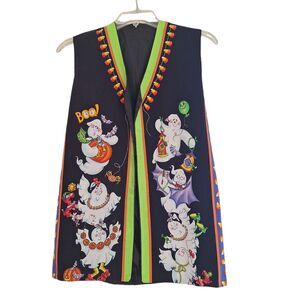 Halloween Vest Whimsical Cotton black orange lime Ghosts Homemade VTG small med